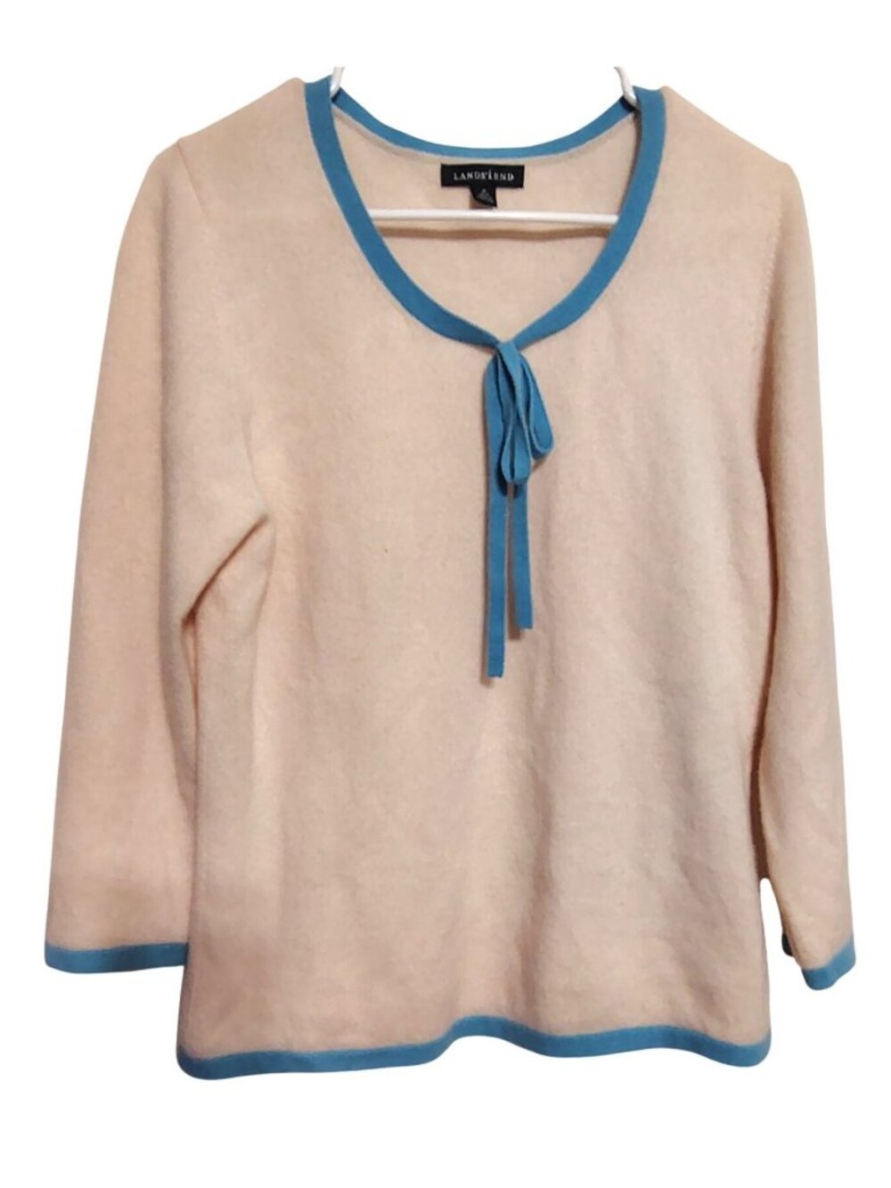 Vintage Lands End Medium Cashmere Sweater Cream, Blue Trim Bow Quiet Luxury READ